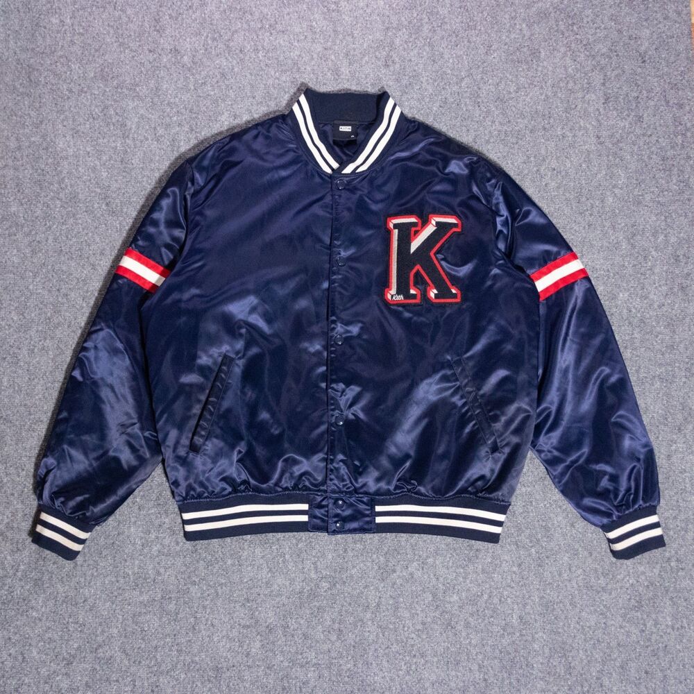 Kith Satin Bomber Jacket Men's XL Nocturnal Blue Varsity Chenille K Letterman